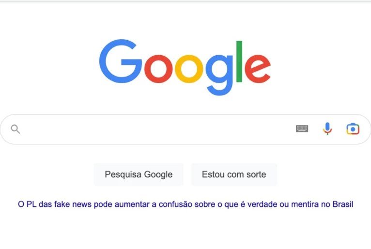 Home do Google com link para artigo contrário ao PL das Fake News. Foto: reprodução.