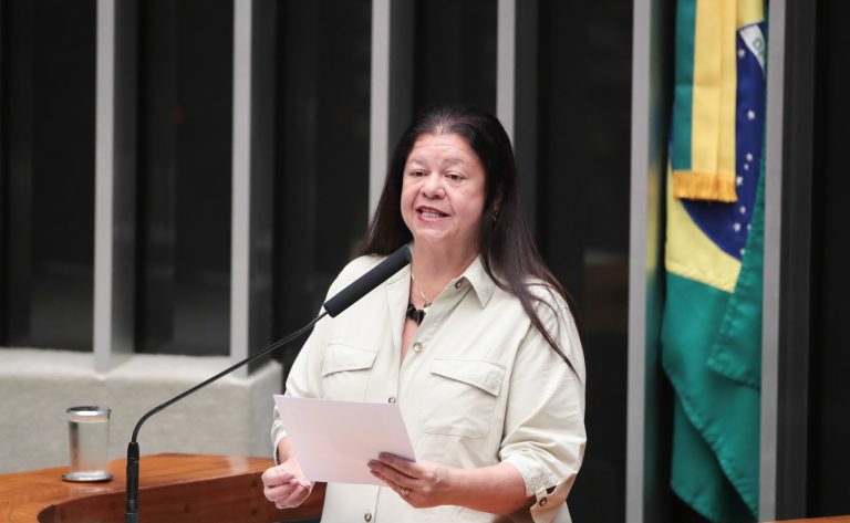 Deputada Laura Carneiro fala ao microfone. Ela é branca, tem o cabelo comprido e escuro, veste uma blusa branca